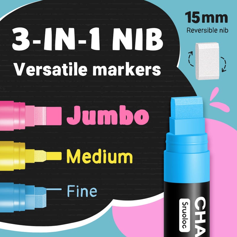 SRUOLOC Window Chalk Markers for Glass Washable, 20 Colors Jumbo Liquid Chalk Marker with 15mm 3 in 1 Nib Thick Wide Tips, Big Chalkboard Markers, Car Paint Pen for Auto, Bistro, Mirror, Poster, Blackboards - Image 2